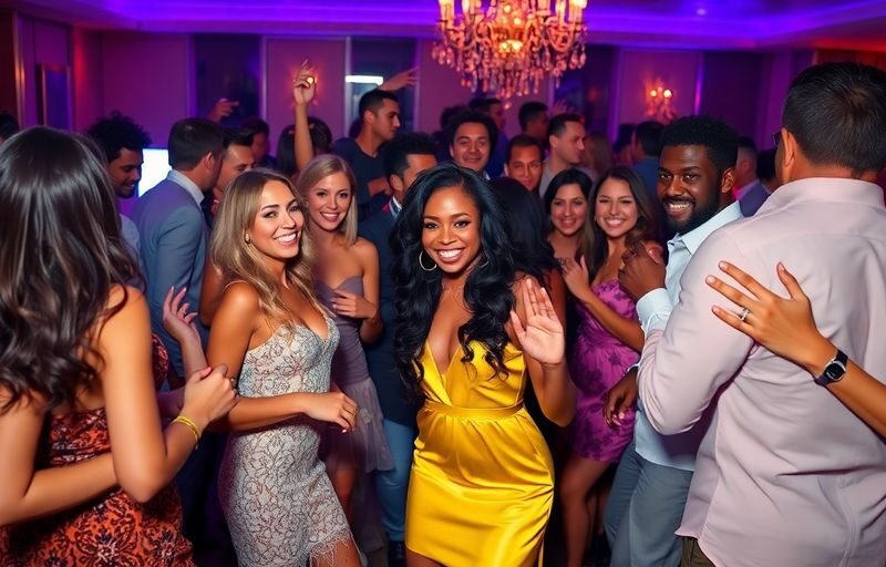 Diverse adults dancing, mingling at an elegant party.