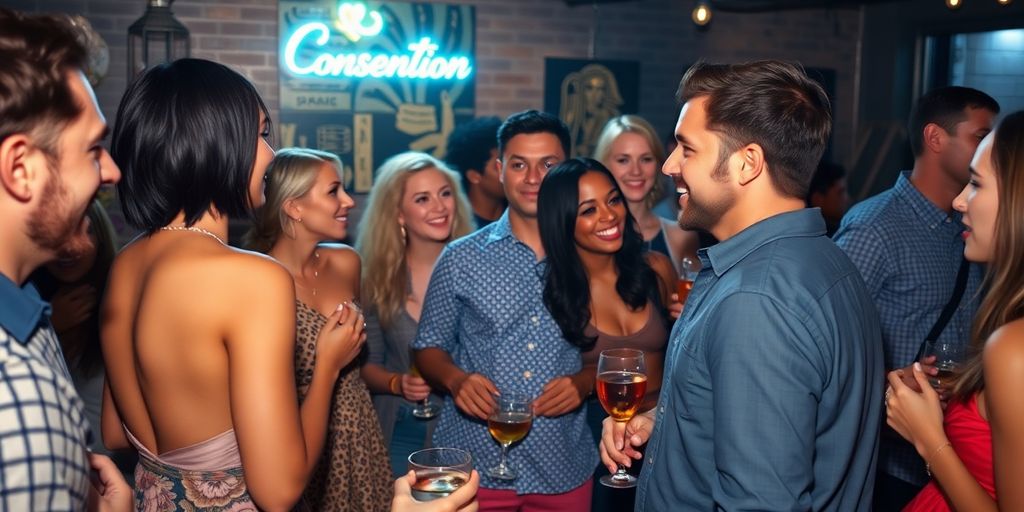 Diverse adults enjoying a lively Brooklyn swinger event.