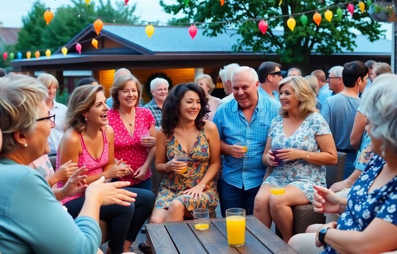 Diverse adults enjoying a lively outdoor gathering together.