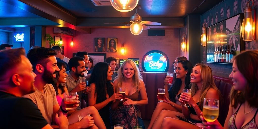 Diverse adults enjoying drinks in a cozy lounge.
