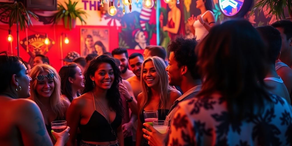 Diverse adults socializing in a lively, open atmosphere.