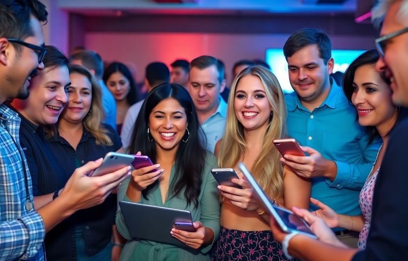 Diverse adults socializing in a modern digital environment.