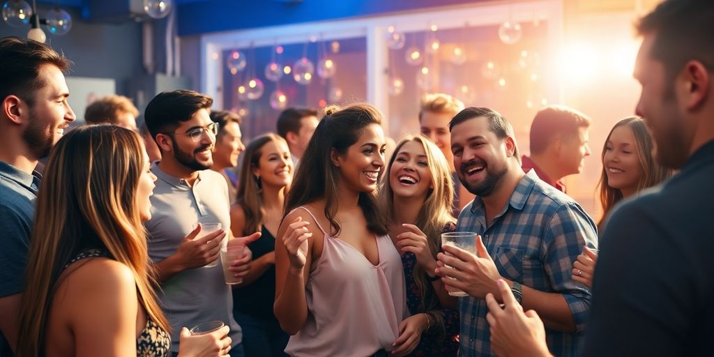 Diverse adults socializing joyfully at a lively gathering.
