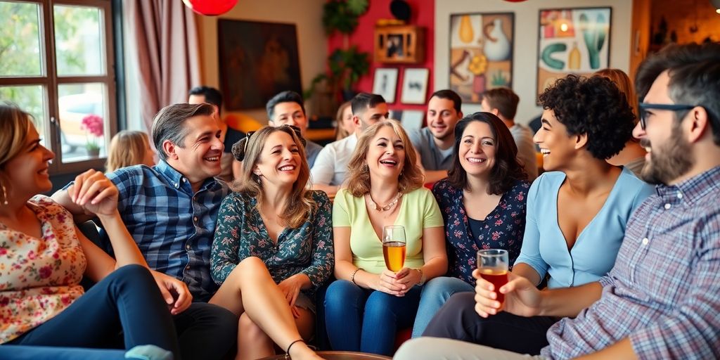 Diverse adults socializing joyfully at a lively gathering.