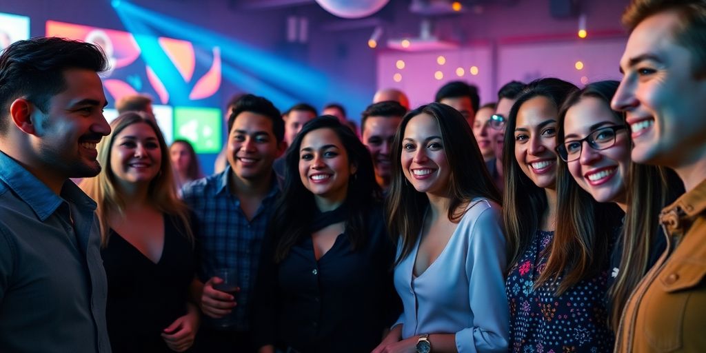 Diverse adults, vibrant party, digital glow.