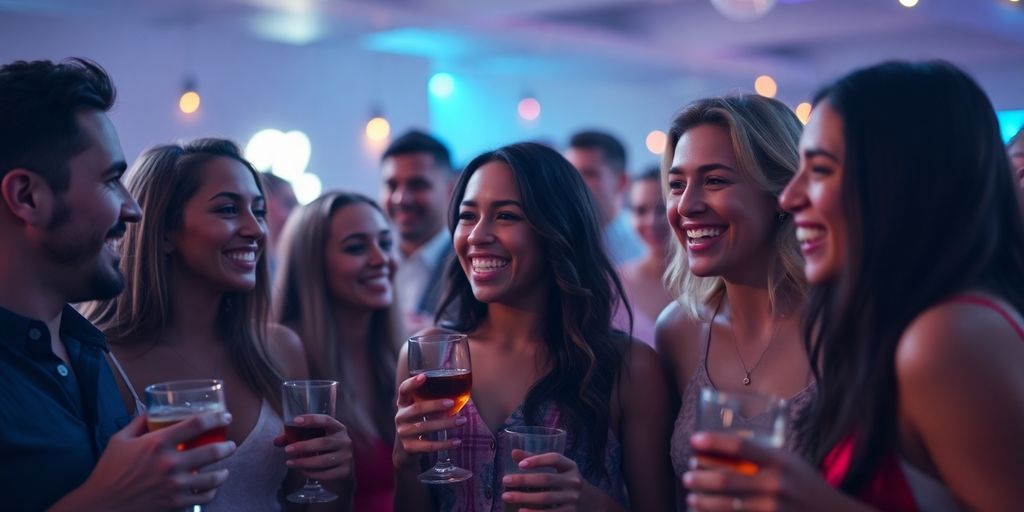 Diverse adults, vibrant party, digital glow.