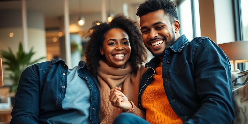 Diverse couple, vibrant, intimate, authentic, playful, modern, dynamic.