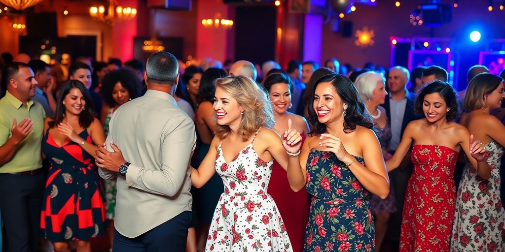 Diverse couples dancing joyfully at a swing event