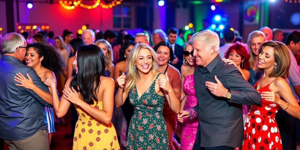 Diverse couples dancing joyfully at a swing event.