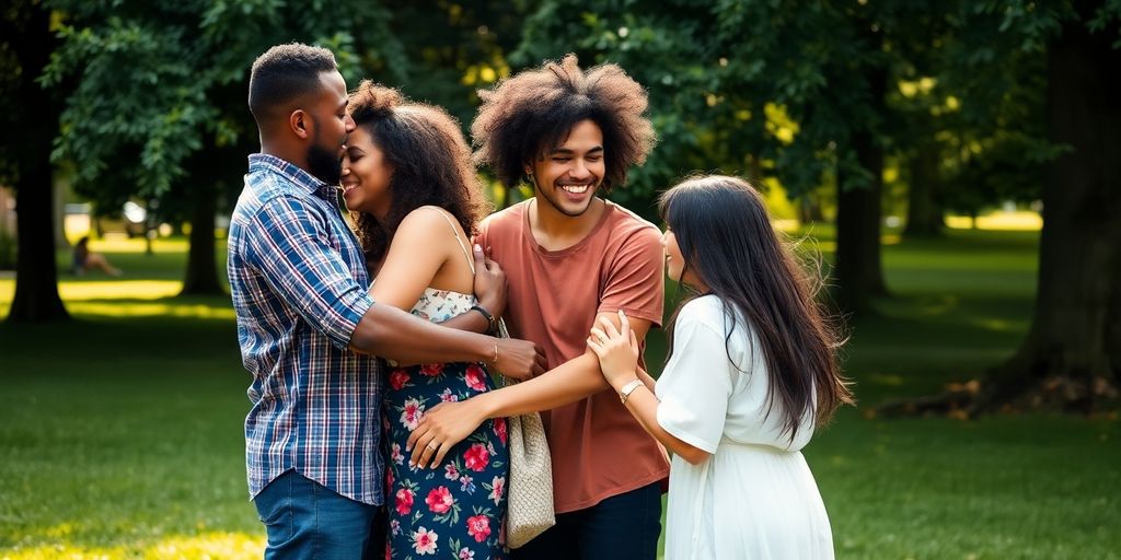 Diverse couples embracing in a sunny park setting.