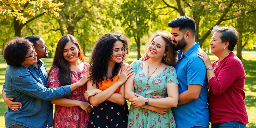 Diverse couples embracing outdoors in a sunny park.