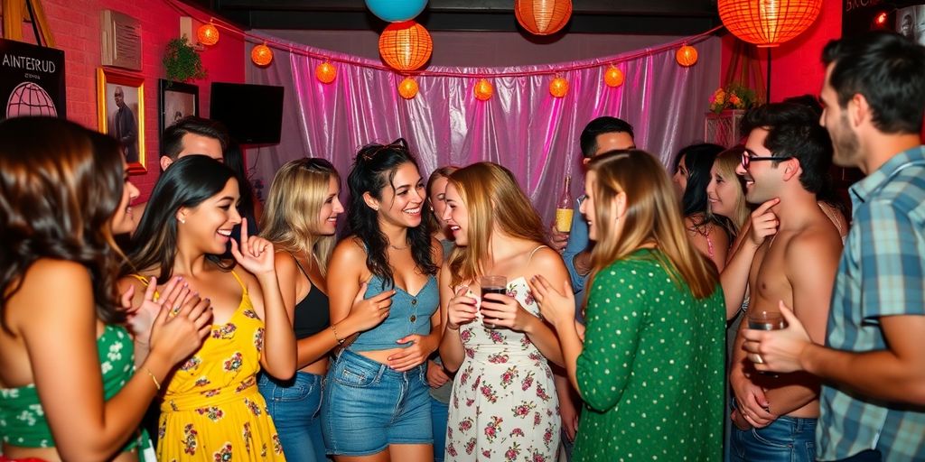 Diverse couples enjoying a lively swinger party atmosphere.