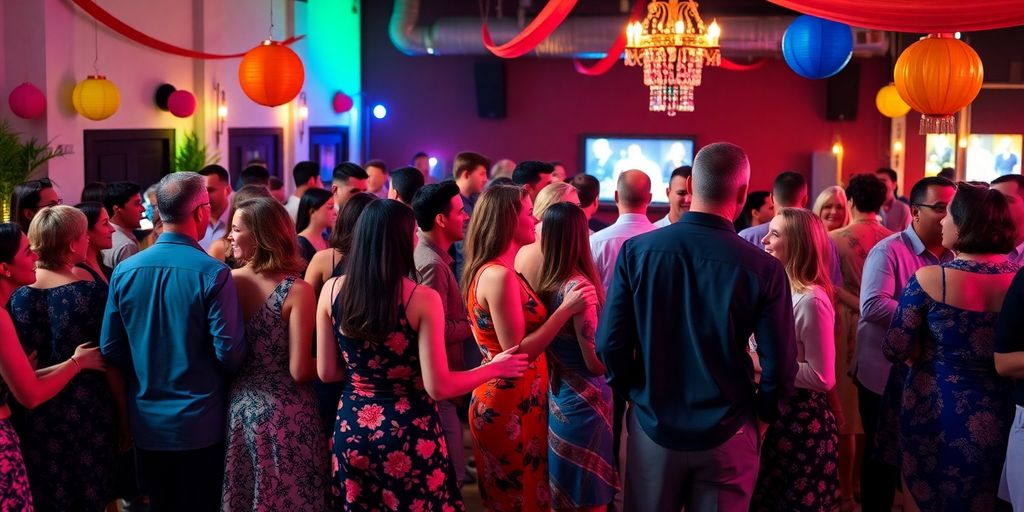 Diverse couples enjoying a lively swinging event together.