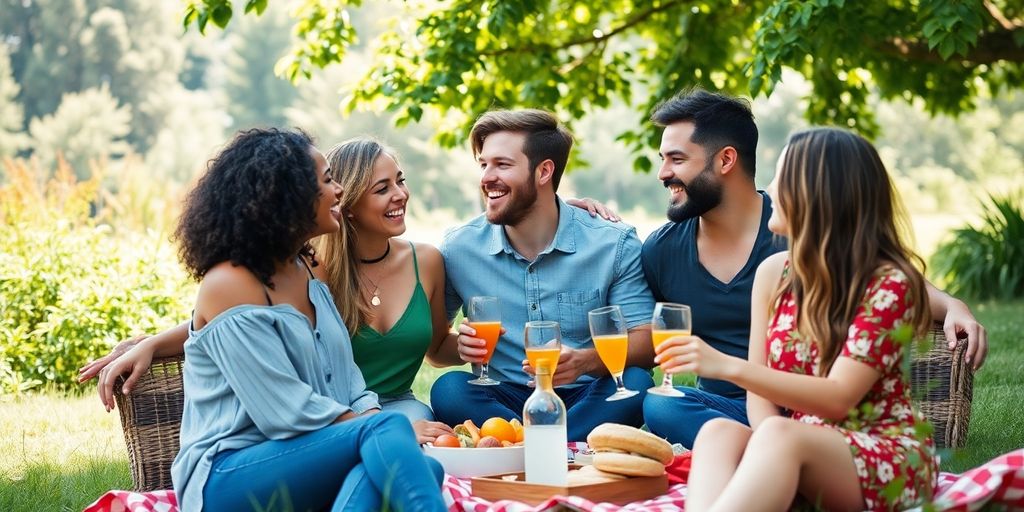 Diverse couples enjoying a picnic in a sunny park.