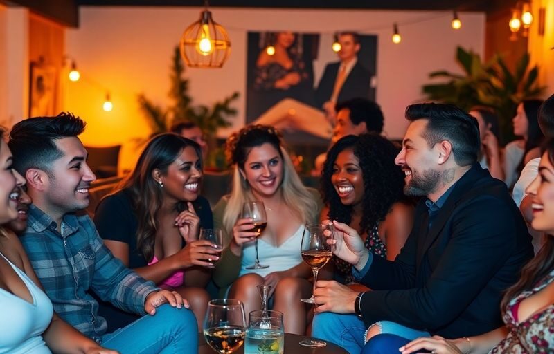Diverse couples enjoying a playful evening in a cozy setting.