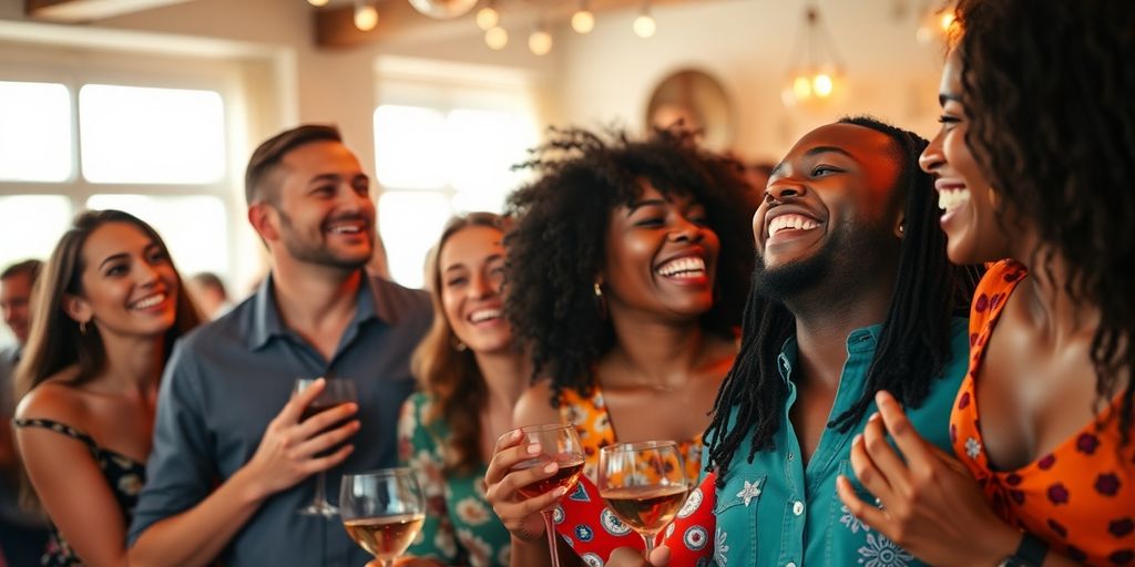 Diverse couples enjoying a social gathering in a lively setting.