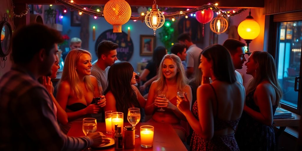 Diverse couples enjoying an intimate gathering in cozy lighting.