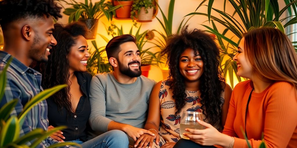 Diverse couples enjoying intimate conversation in a cozy setting.