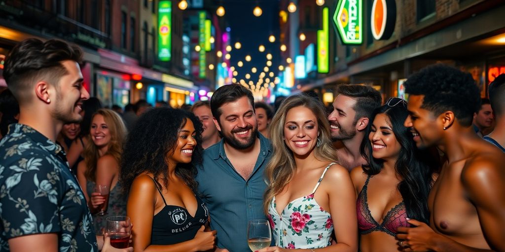 Diverse couples enjoying nightlife in Brooklyn.