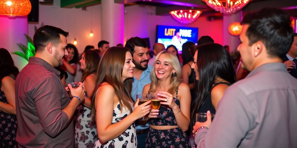 Diverse couples interacting at a lively hybrid swinger event.