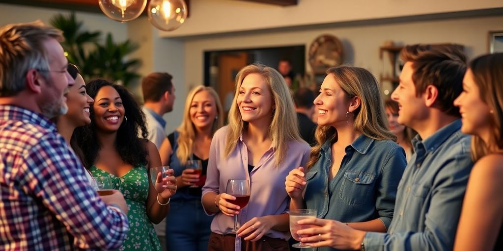 Diverse couples interacting at a lively social gathering.