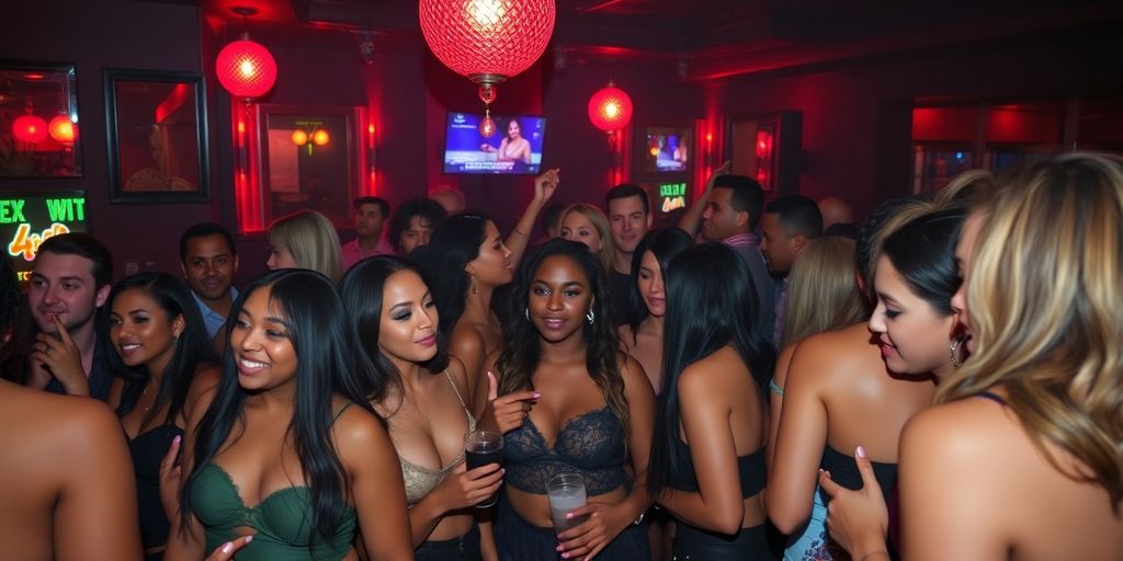 Diverse crowd enjoying Baltimore's nightlife in a sex club.
