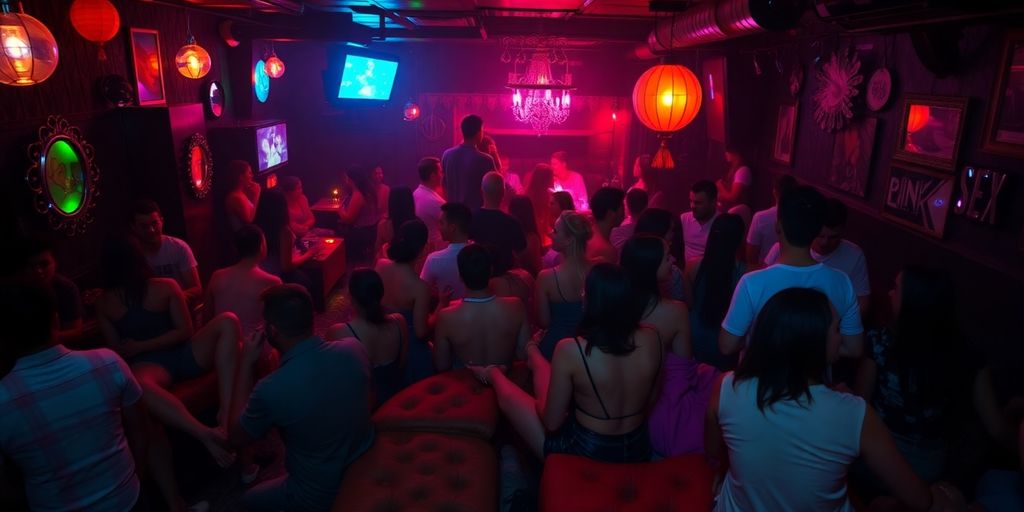 Diverse crowd in a lively, intimate sex club setting.