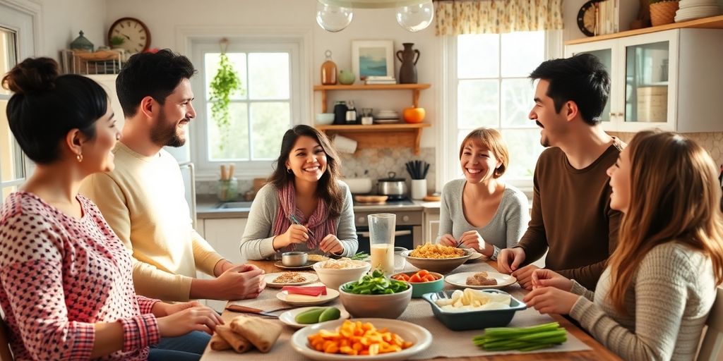Diverse family at a kitchen table enjoying time together.