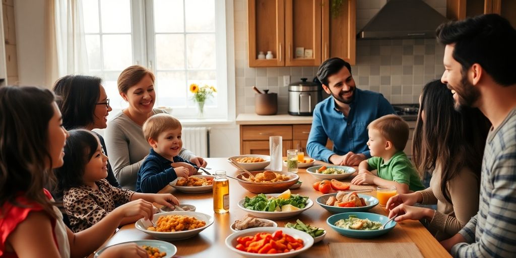 Diverse family enjoying a meal at a kitchen table.