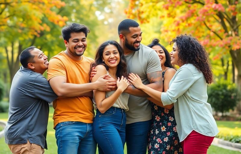 Diverse friends embracing in a colorful park, celebrating love.