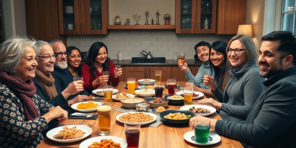 Diverse friends gathering around a kitchen table, enjoying food.