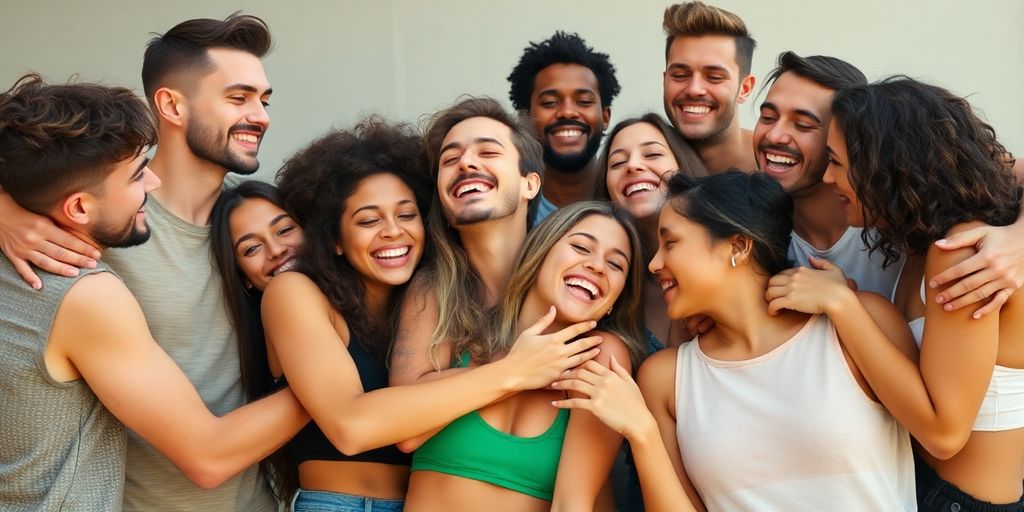 Diverse friends laughing together, celebrating love and connection.