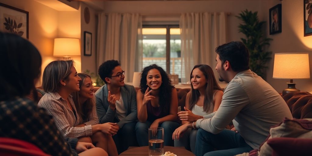 Diverse friends sharing a warm conversation in a cozy setting.
