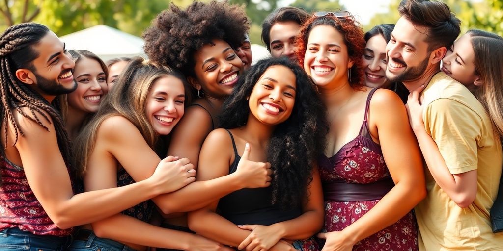 Diverse friends sharing joy in a warm outdoor setting.