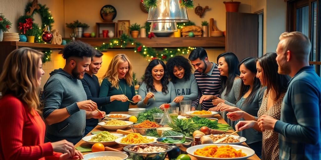 Diverse group cooking together in a festive kitchen.