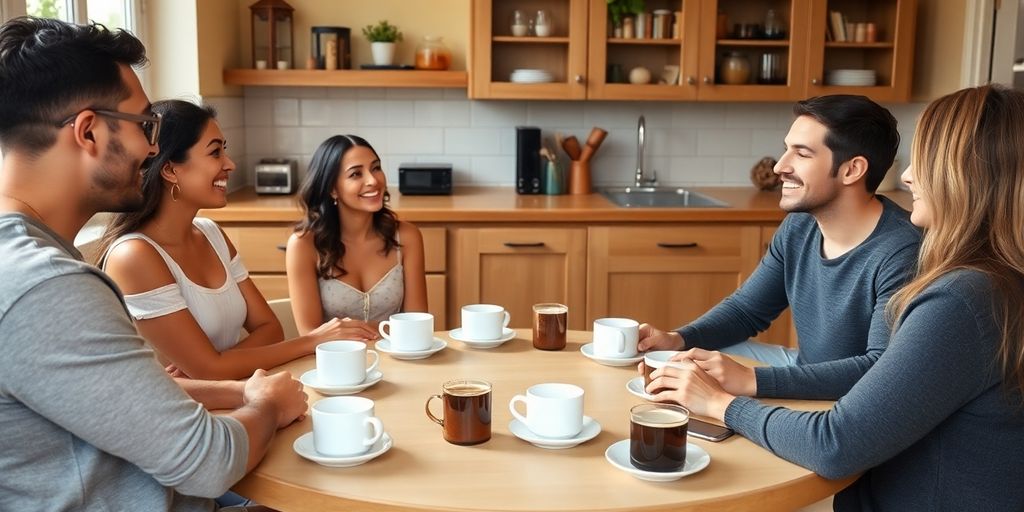 Diverse group discussing at a kitchen table in a cozy setting.