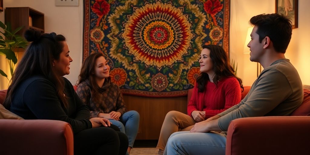 Diverse group discussing gender identity in a cozy space.