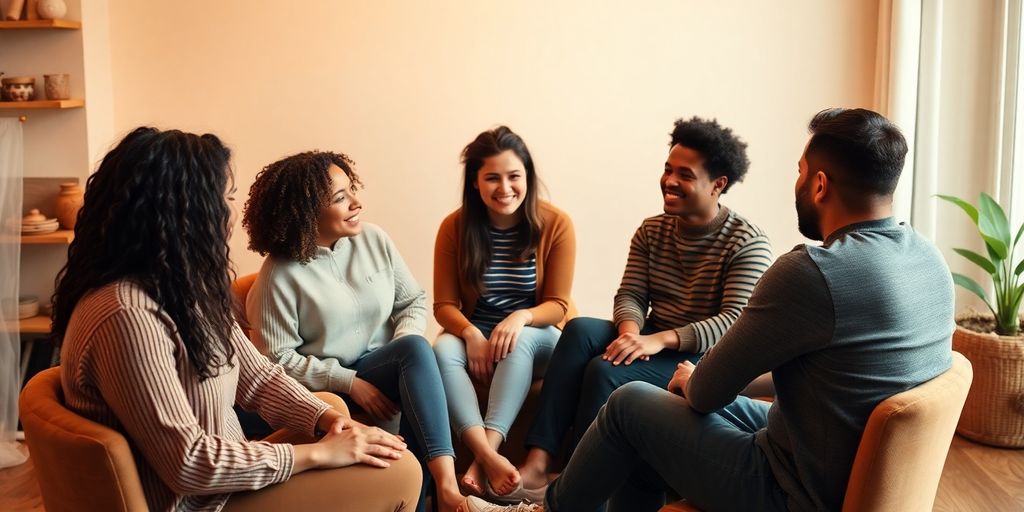 Diverse group discussing inclusivity in a cozy setting.