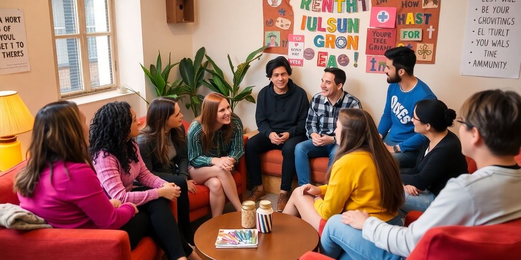 Diverse group discussing inclusivity in a warm setting.