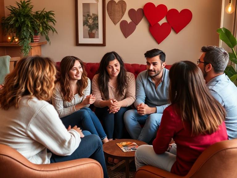 Diverse group discussing love and relationships in a cozy space.