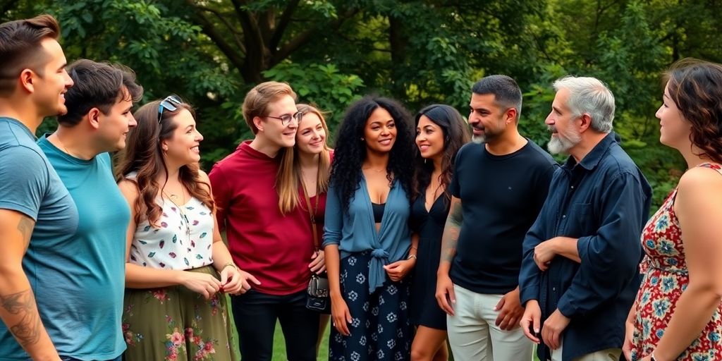 Diverse group discussing relationships outdoors in nature.