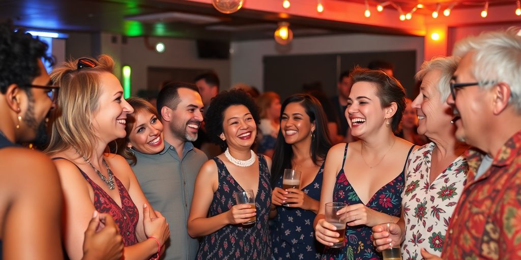 Diverse group enjoying a lively social gathering together.