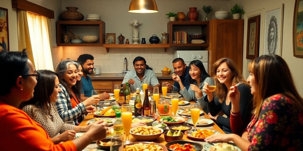 Diverse group enjoying a meal at a kitchen table.