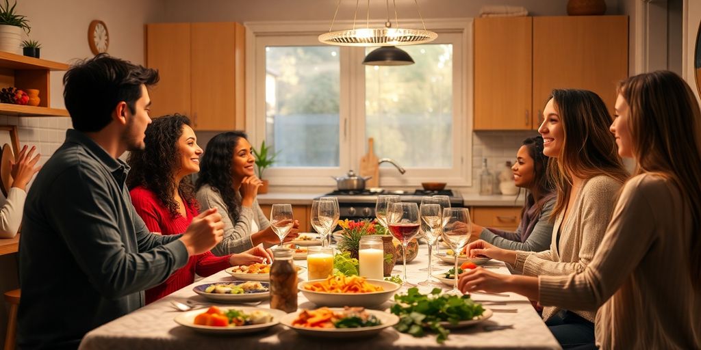 Diverse group enjoying a meal in a cozy kitchen.
