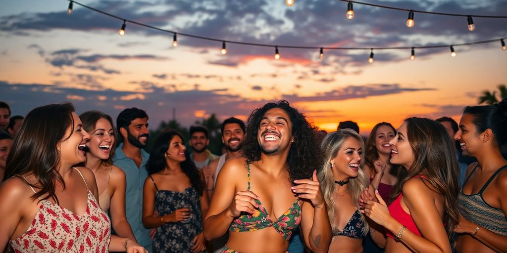 Diverse group enjoying a playful gathering at sunset.
