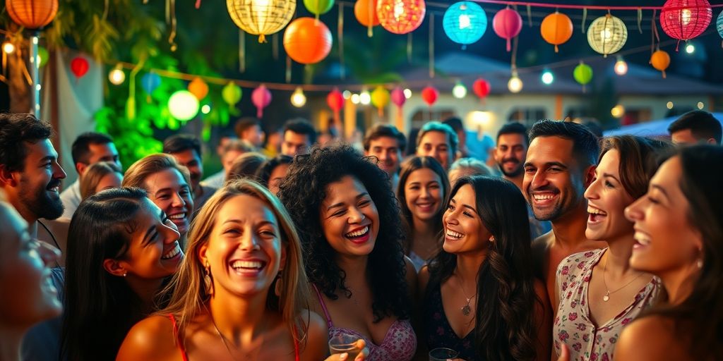 Diverse group enjoying outdoor party, celebrating digital connections.