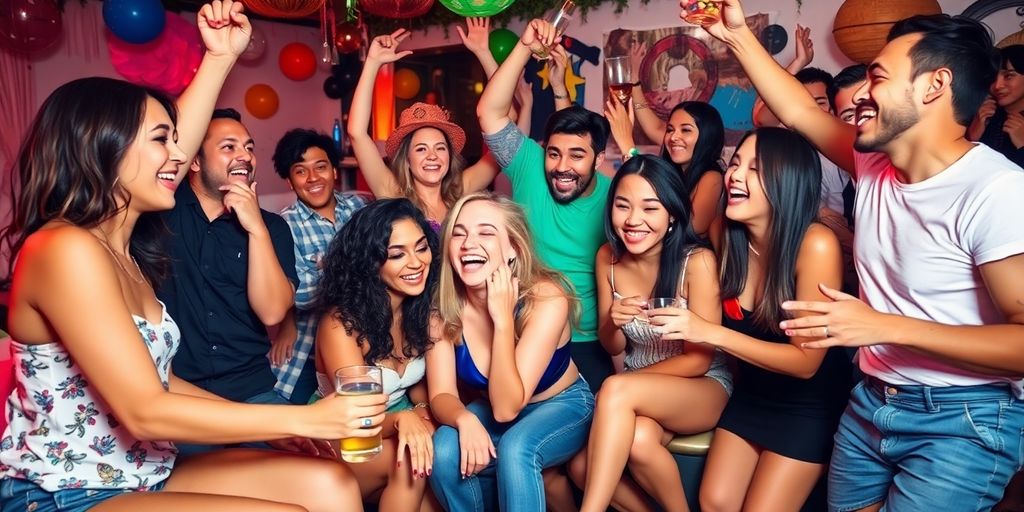 Diverse group enjoying playful activities in a lively setting.