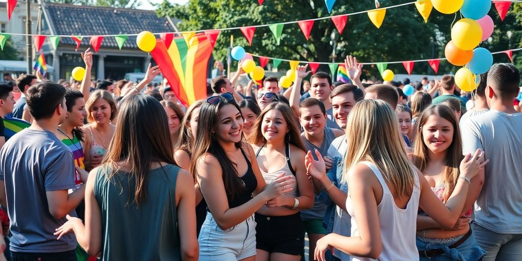 Diverse group of LGBTQ+ youth celebrating together outdoors.