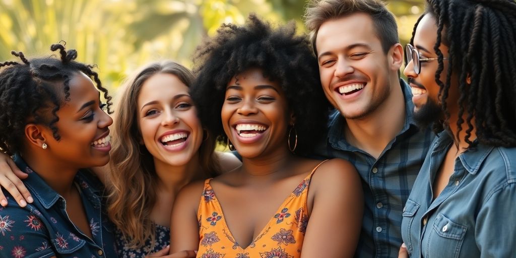 Diverse group of friends enjoying a joyful moment together.