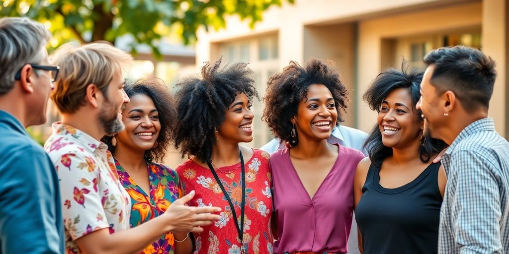 Diverse group of individuals in an outdoor conversation.